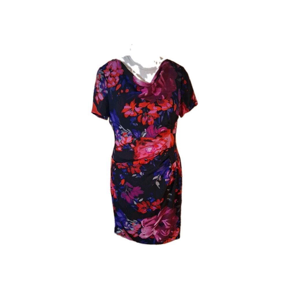 Adrianna Papell Black Floral Cowl Neck Sheath Dress Size 12